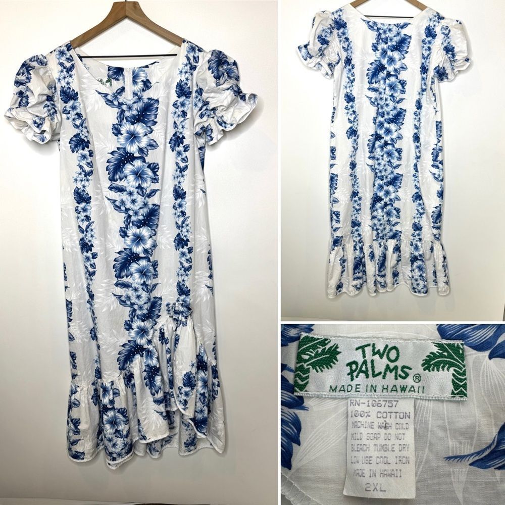 Two Palms white blue Tropical Floral Puff Sleeves Bottom Ruffle Maxi Dress 2XL